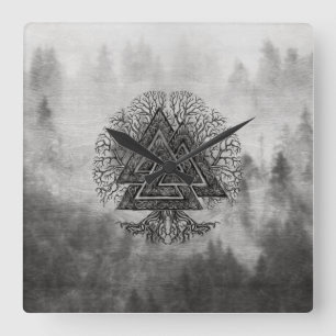 Valknut and Tree of Life Yggdrasil Square Wall Clock