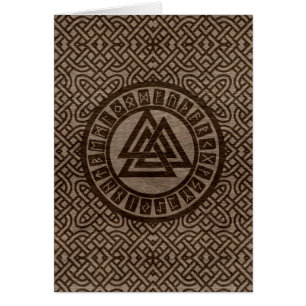 Valknut Symbol and Runes on Celtic Pattern on Wood