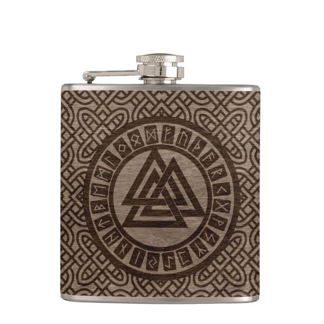 Valknut Symbol and Runes on Celtic Pattern on Wood Hip Flask (Front)