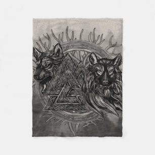 Valknut Symbol and Wolves Fleece Blanket