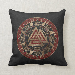 Valknut Symbol Black and Red Leather and gold Cushion