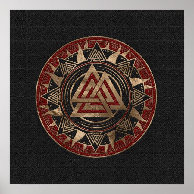 Valknut Symbol Black and Red Leather and gold Poster (Front)