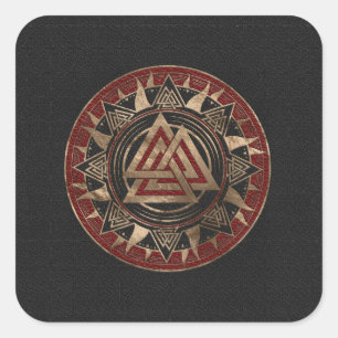 Valknut Symbol Black and Red Leather and gold Square Sticker