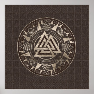 Valknut Symbol - Brown Leather and gold Poster