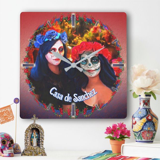 Vallarta Catrinas with Flowers & Candles 1718 Square Wall Clock (Creator Uploaded)