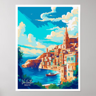 Valletta Malta Art Vintage Travel Illustration Poster