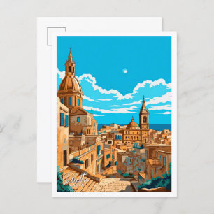 Valletta Malta Travel Vintage illustration Postcard