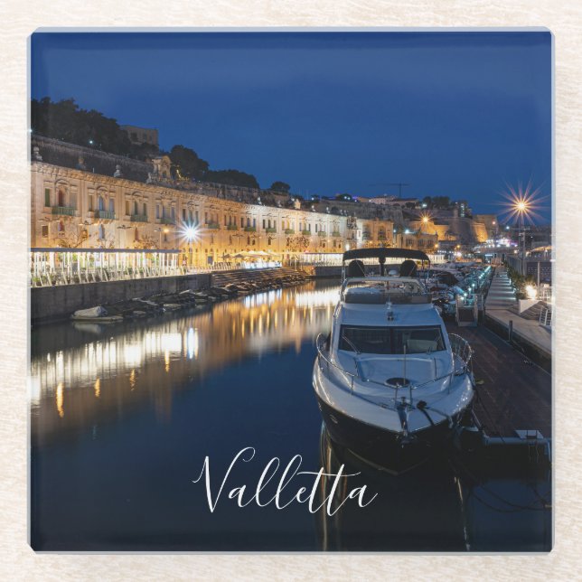 Valletta waterfront district with small harbor glass coaster (Front)
