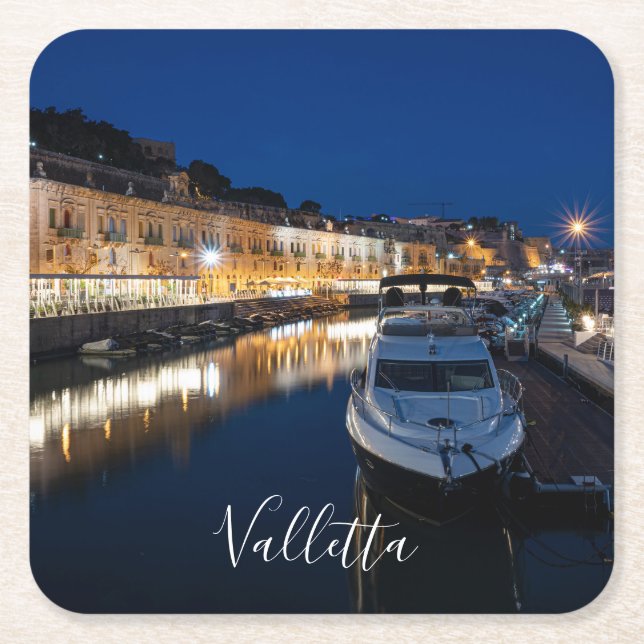 Valletta waterfront district with small harbor square paper coaster (Front)