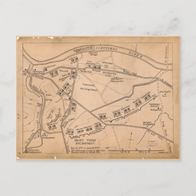 Valley Forge Encampment Map (Dec. 1777-June 1778) Postcard (Front)
