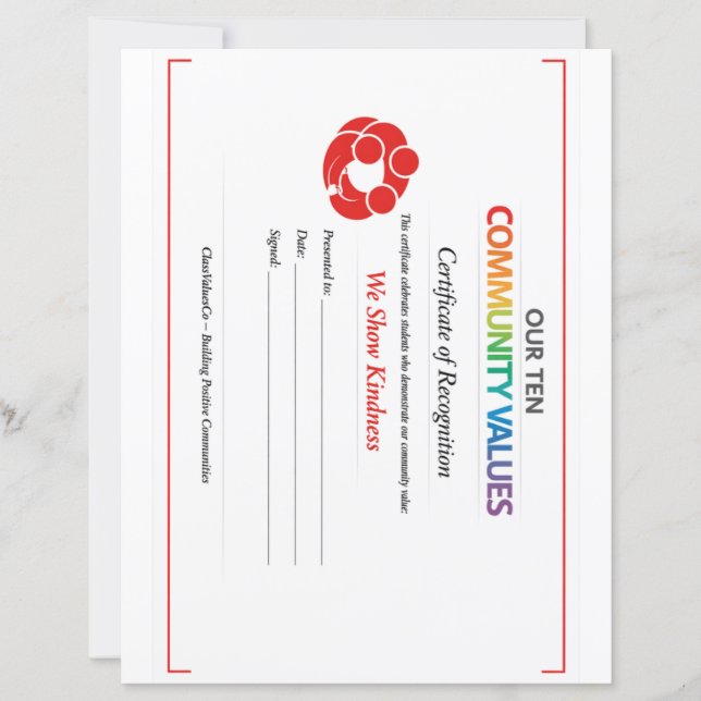 Value Inclusion Certificate 8.5x11 Paper Sheet  (Front)