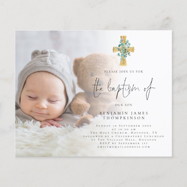 Value Photo Eucalyptus Cross Baptism Invite Flyer (Front)