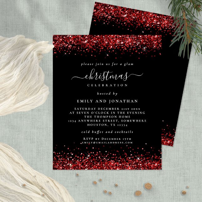 Value Red Glitter Christmas Party Black Invite Flyer (Front and back view)