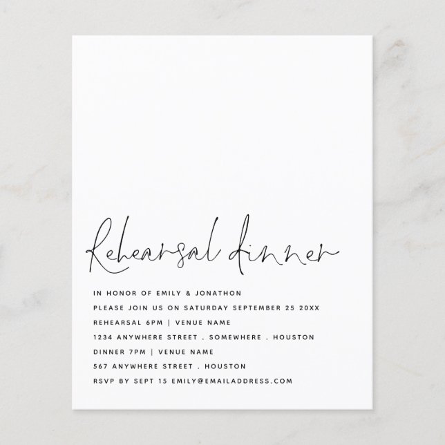 Value Script Black White Rehearsal Dinner Invite Flyer (Front)