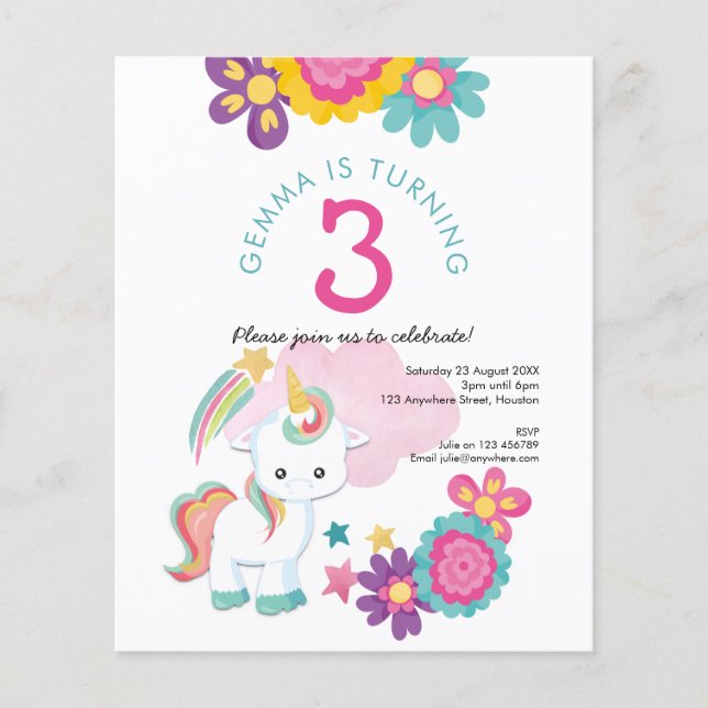 Value Unicorn Girl 3rd Birthday Party Invitation Flyer (Front)