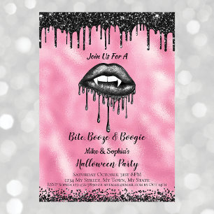 Vampire Black Glitter Lips Adult Halloween Pink Invitation
