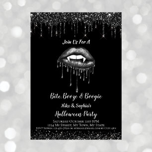 Vampire Black Glitter Lips & Fangs Adult Halloween Invitation