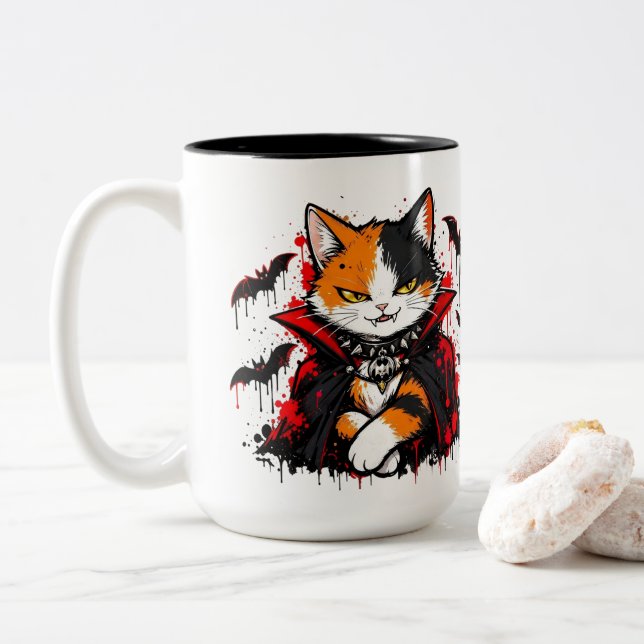 Vampire Calico Cat Halloween Two-Tone Coffee Mug (With Donut)