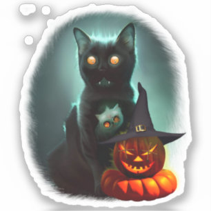 Vampire Cat and Wizard Pumpkin Halloween Surreal 