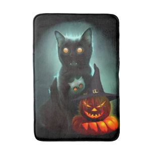 Vampire Cat and Wizard Pumpkin Halloween Surreal   Bath Mat