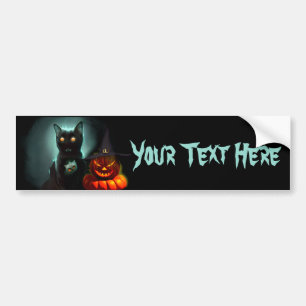 Vampire Cat and Wizard Pumpkin Halloween Surreal Bumper Sticker