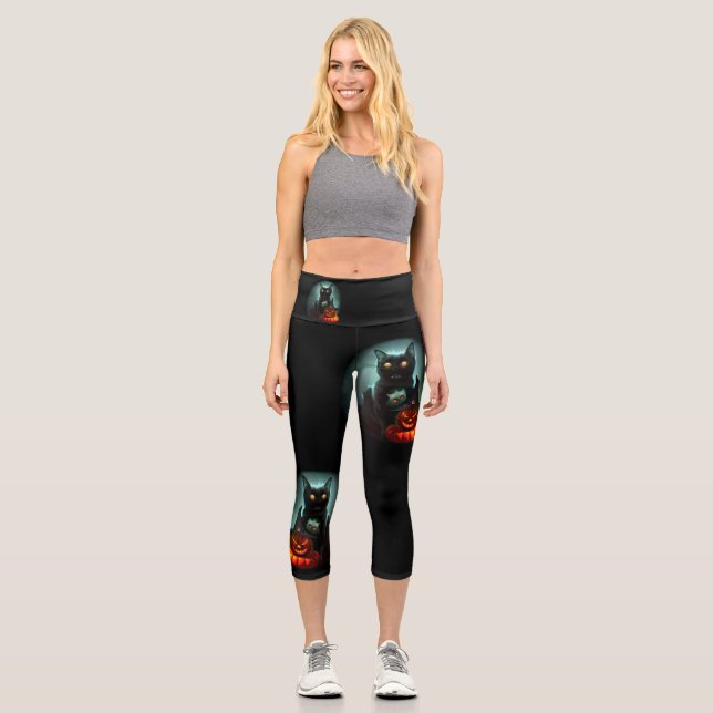 Vampire Cat and Wizard Pumpkin Halloween Surreal   Capri Leggings (Front)