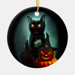 Vampire Cat and Wizard Pumpkin Halloween Surreal  Ceramic Ornament