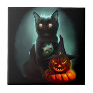 Vampire Cat and Wizard Pumpkin Halloween Surreal   Ceramic Tile