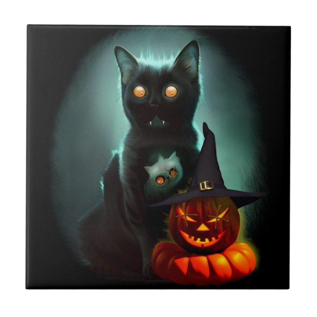Vampire Cat and Wizard Pumpkin Halloween Surreal  Ceramic Tile (Front)