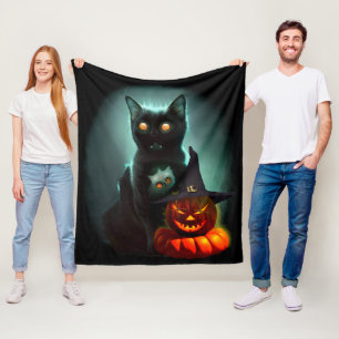 Vampire Cat and Wizard Pumpkin Halloween Surreal  Fleece Blanket