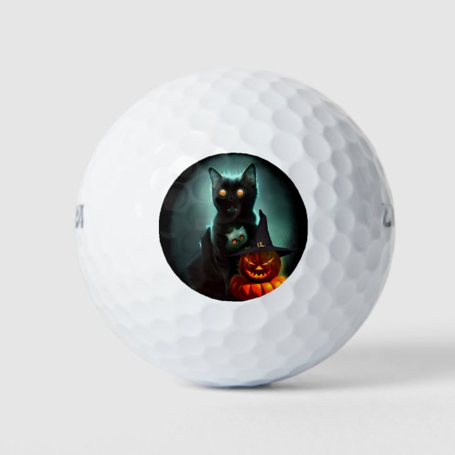 Vampire Cat and Wizard Pumpkin Halloween Surreal  Golf Balls (Front)