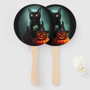 Vampire Cat and Wizard Pumpkin Halloween Surreal  Hand Fan