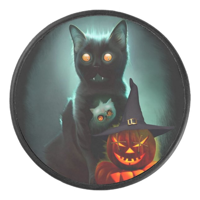 Vampire Cat and Wizard Pumpkin Halloween Surreal   Hockey Puck (Front)