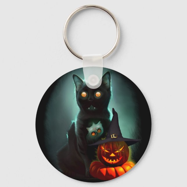 Vampire Cat and Wizard Pumpkin Halloween Surreal  Key Ring (Front)