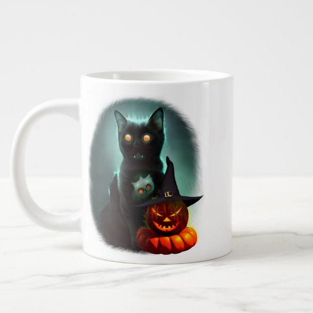 Vampire Cat and Wizard Pumpkin Halloween Surreal  Large Coffee Mug (Left)
