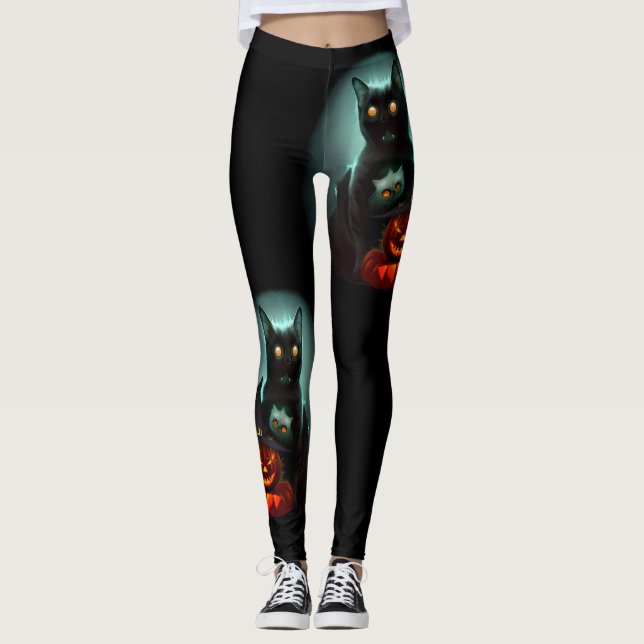Vampire Cat and Wizard Pumpkin Halloween Surreal   Leggings (Front)
