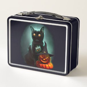 Vampire Cat and Wizard Pumpkin Halloween Surreal   Metal Lunch Box