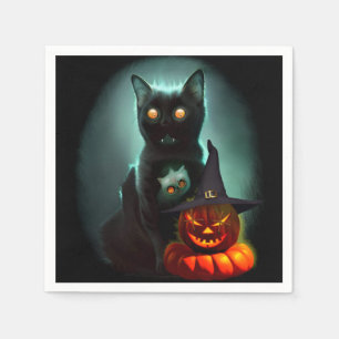 Vampire Cat and Wizard Pumpkin Halloween Surreal   Napkin