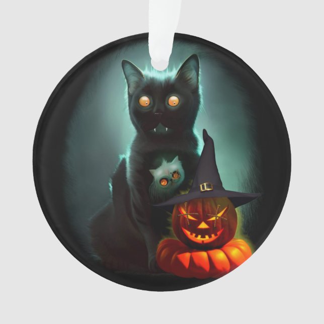 Vampire Cat and Wizard Pumpkin Halloween Surreal   Ornament (Front)