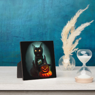 Vampire Cat and Wizard Pumpkin Halloween Surreal  Plaque