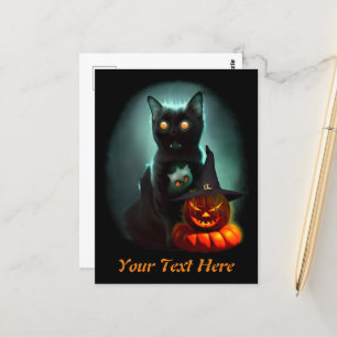 Vampire Cat and Wizard Pumpkin Halloween Surreal  Postcard