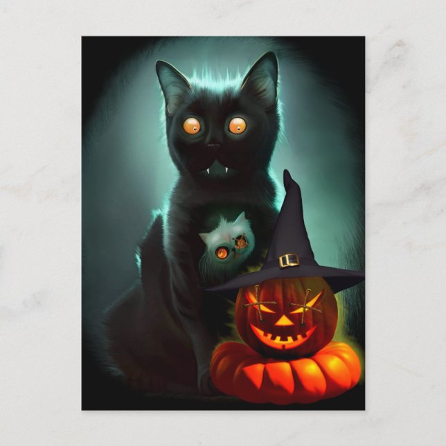 Vampire Cat and Wizard Pumpkin Halloween Surreal  Postcard (Front)
