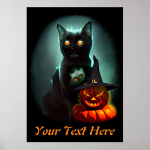 Vampire Cat and Wizard Pumpkin Halloween Surreal  Poster