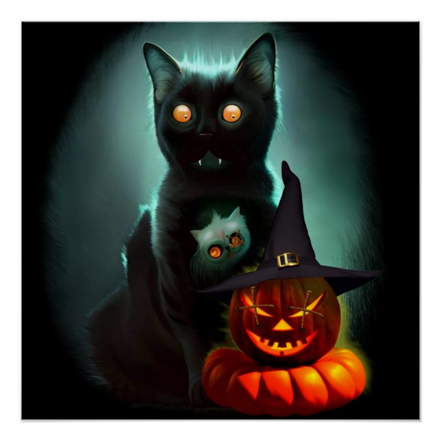 Vampire Cat and Wizard Pumpkin Halloween Surreal  Poster (Front)