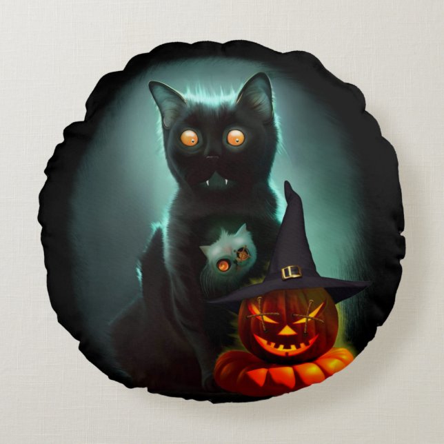 Vampire Cat and Wizard Pumpkin Halloween Surreal   Round Cushion (Front)