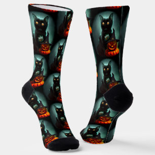 Vampire Cat and Wizard Pumpkin Halloween Surreal   Socks