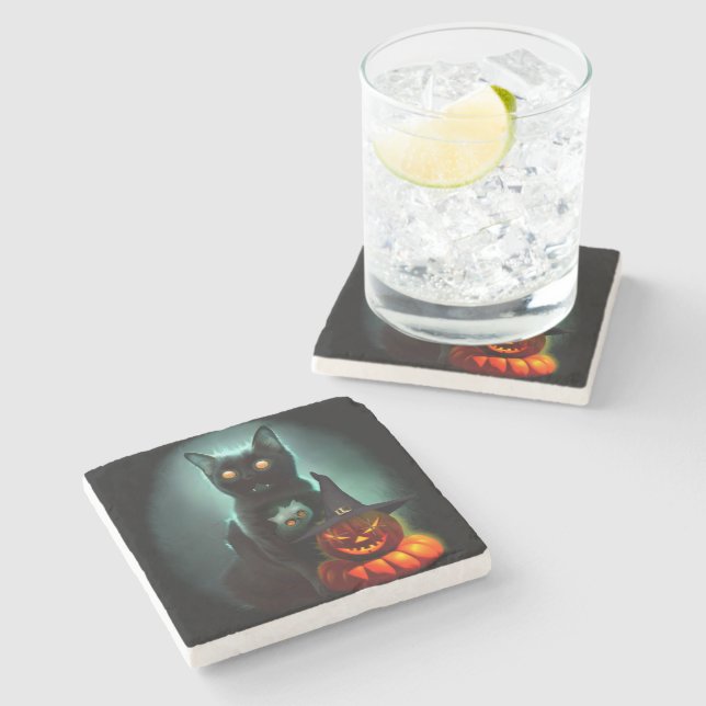 Vampire Cat and Wizard Pumpkin Halloween Surreal  Stone Coaster (Side)