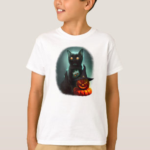 Vampire Cat and Wizard Pumpkin Halloween Surreal   T-Shirt