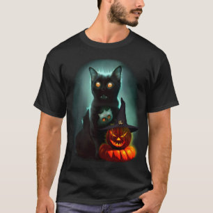 Vampire Cat and Wizard Pumpkin Halloween Surreal   T-Shirt