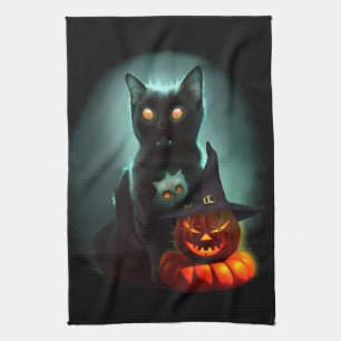 Vampire Cat and Wizard Pumpkin Halloween Surreal  Tea Towel